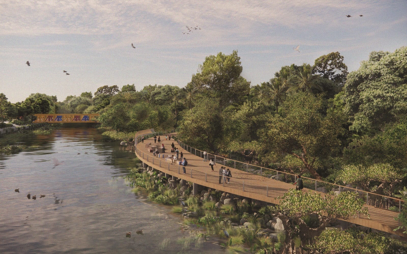 River landscape with a wooden boardwalk and a bridge. People are walking, sitting and enjoying the scenery.